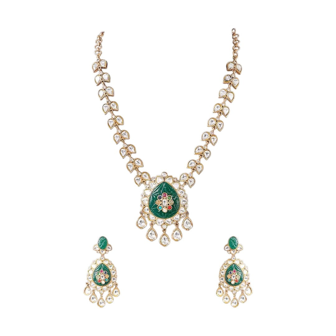 Kundan polki long necklace set with carved emerald pendant and matching earrings