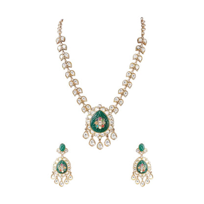 Kundan polki long necklace set with carved emerald pendant and matching earrings