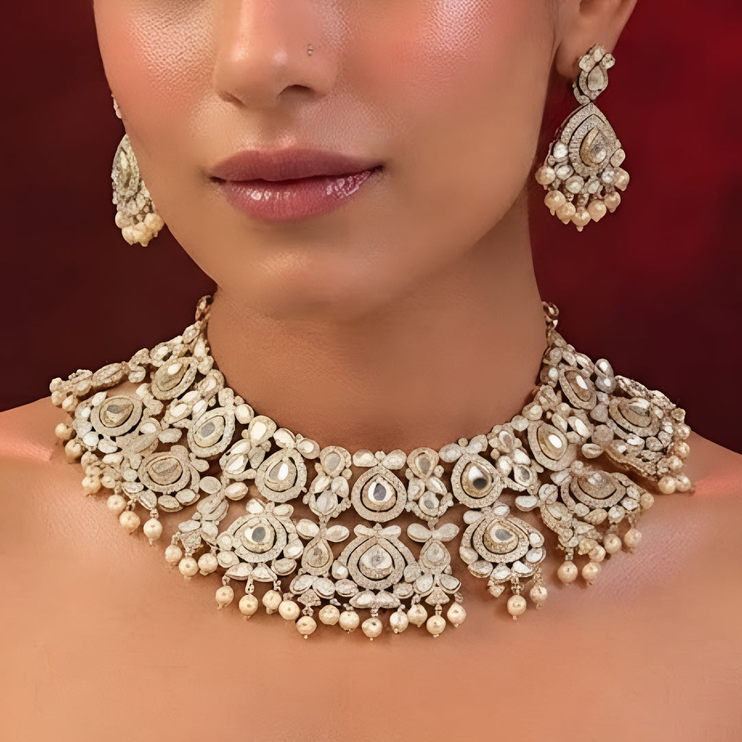 White Kundan necklace set with gold-tone detailing pearl drops and matching earrings