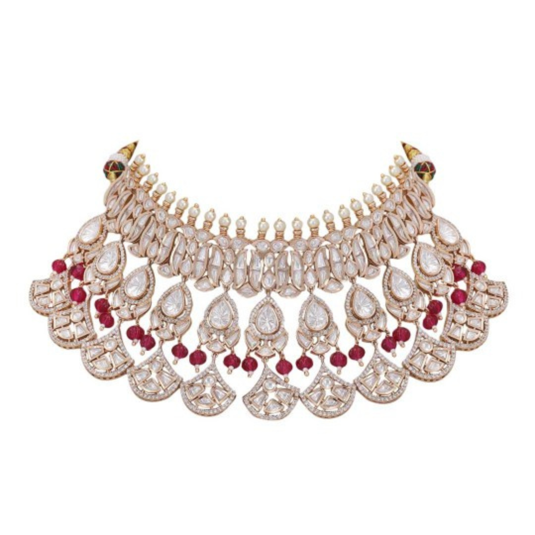 Gold Plated Kundan Studded & Pearls Beaded Necklace Set Online