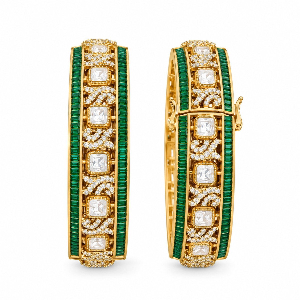 Pair of gold-finish openable kada bangles with emerald-green baguette stones, polki-style clear cushion-cut stones, and Victorian-style American diamond scrollwork