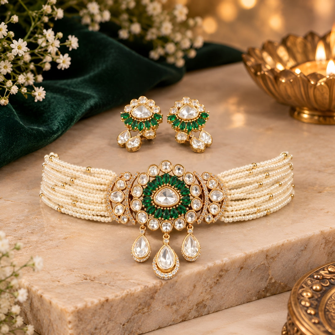 Green kundan pearl choker necklace set with floral centre pendant, kundan teardrop drops and matching floral earrings on a grey display bust