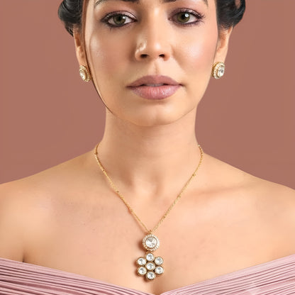 Gold plated polki kundan pendant necklace with round halo stone and seven-stone floral drop