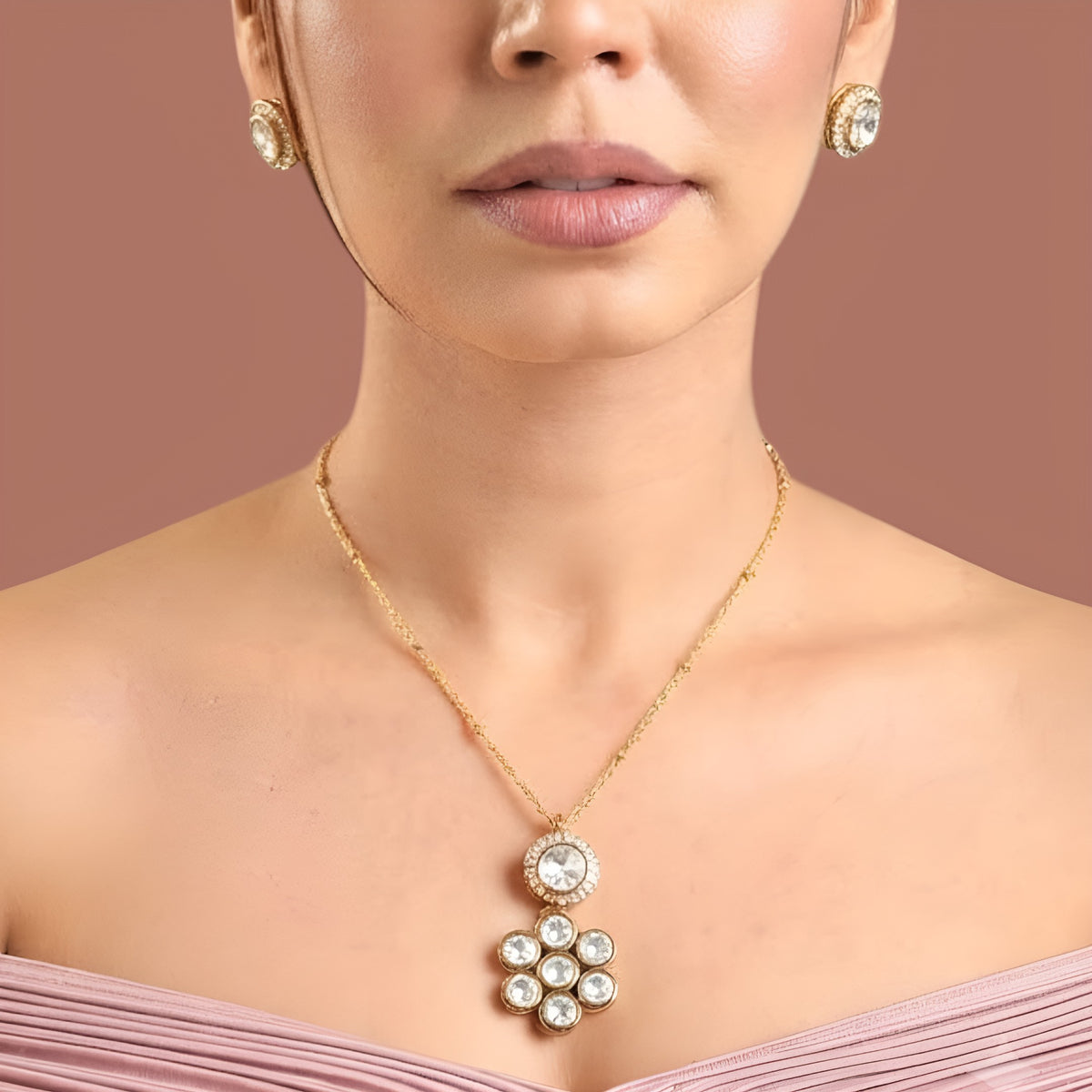 Gold plated polki kundan pendant necklace with round halo stone and seven-stone floral drop