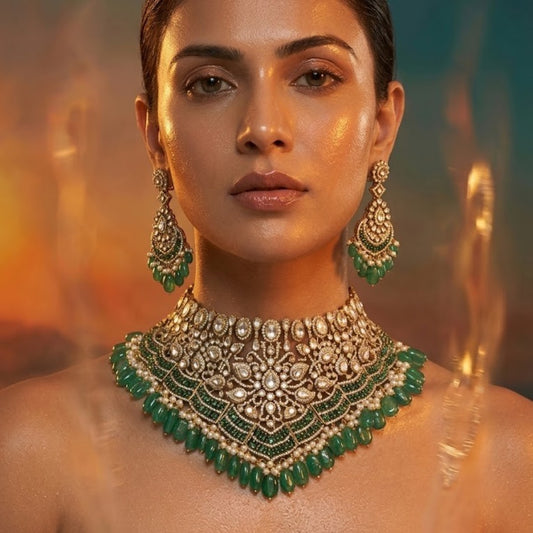 Emerald Green Kundan Bridal Choker Necklace Set with Earrings | Royal Wedding Jewellery