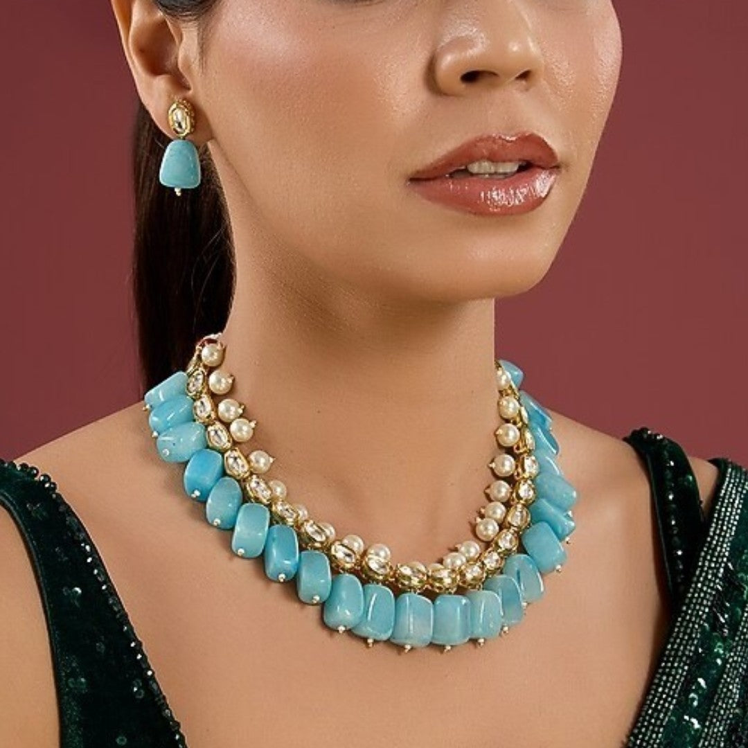 Turquoise amazonite kundan choker necklace with pearl drops and matching earrings