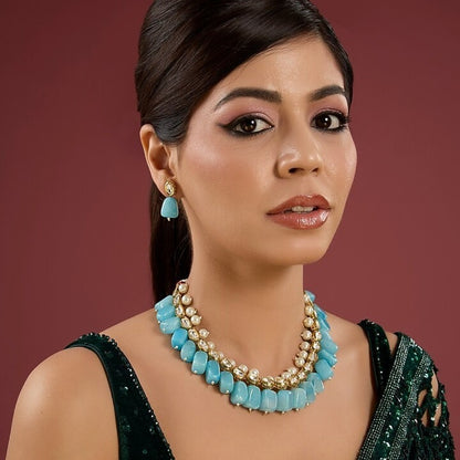 Turquoise amazonite kundan choker necklace with pearl drops and matching earrings