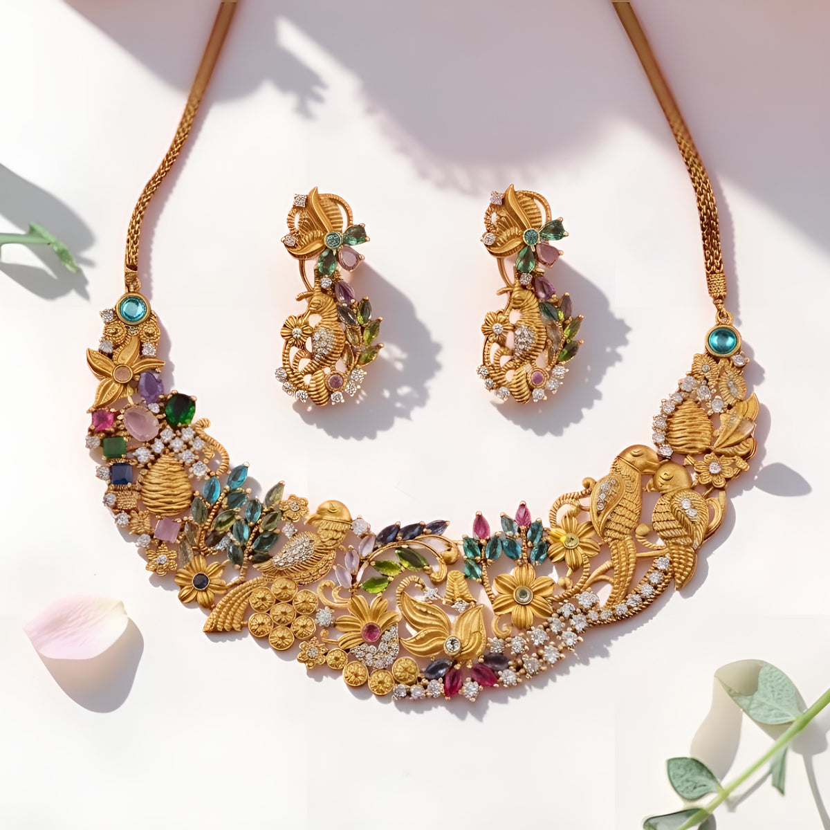 Matching gold bird motif earring with multicolour stones and chain