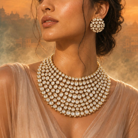 Kundan Studded Statement Bib Necklace Set with Stud Earrings