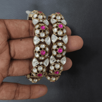 Gold-Plated Kundan & Pink Stone Embellished Traditional Bangles for Women