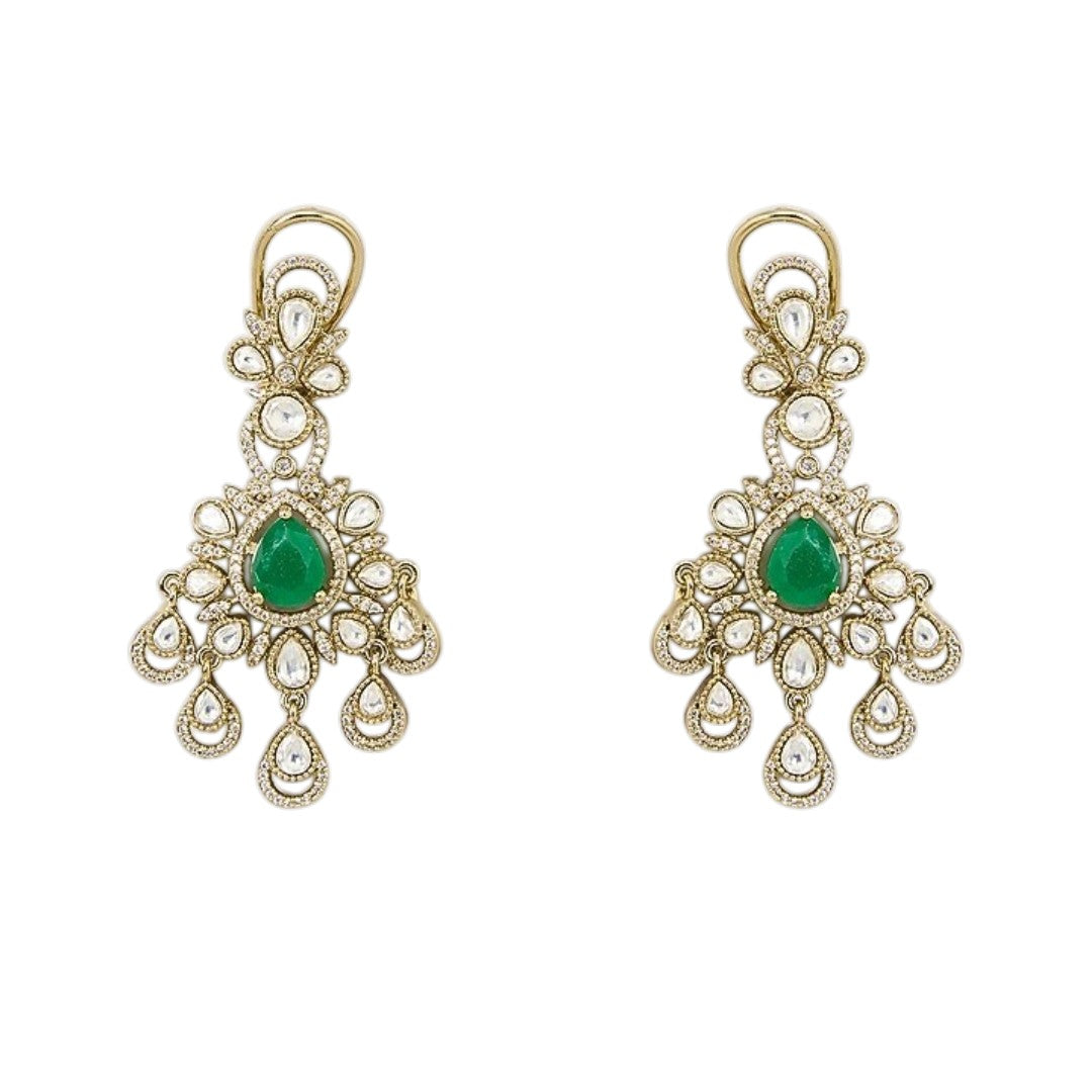 "Antique gold Kundan waterfall choker necklace with cascading fringe and emerald accents, matching chandelier drop earrings"