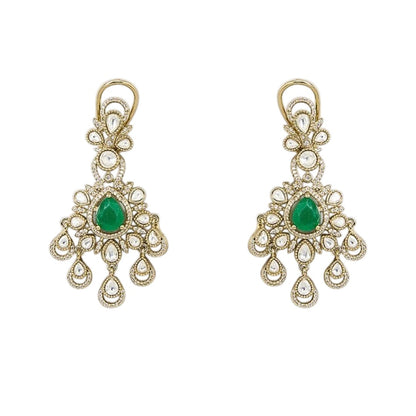 "Antique gold Kundan waterfall choker necklace with cascading fringe and emerald accents, matching chandelier drop earrings"