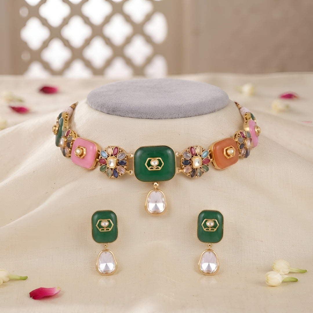 Gold-Plated Kundan Navratna Choker Set with Earrings