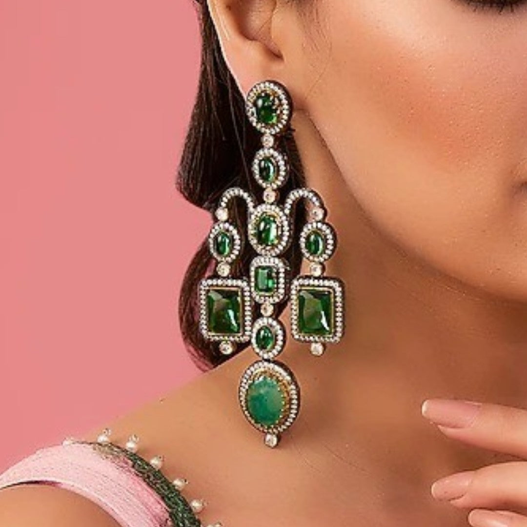 Emerald green Victorian chandelier earrings with kundan zircon stonework and oxidised finish