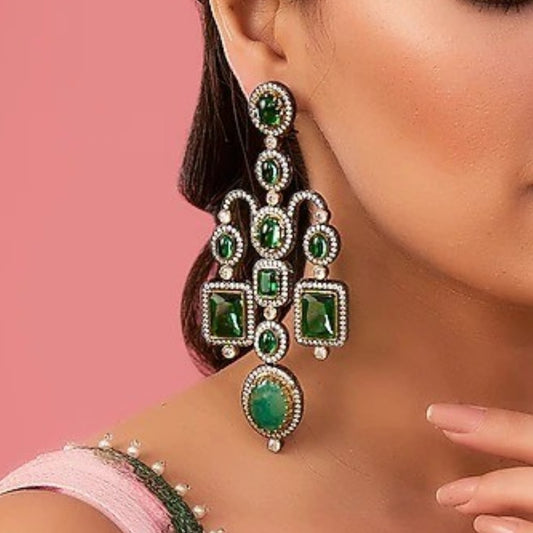 Emerald green Victorian chandelier earrings with kundan zircon stonework and oxidised finish