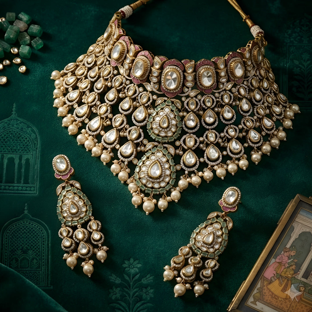 "Antique gold kundan meenakari bridal choker necklace set with pink and mint enamel work and pearl drops, paired with matching jhumka earrings"