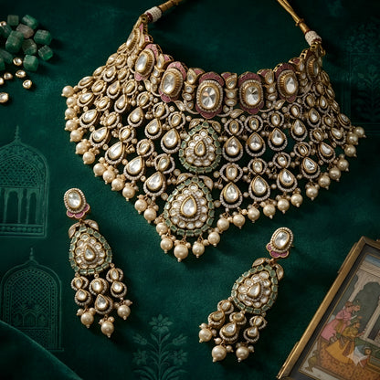 "Antique gold kundan meenakari bridal choker necklace set with pink and mint enamel work and pearl drops, paired with matching jhumka earrings"