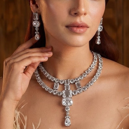 American Diamond Studded Silver Double-Layer Necklace Set with Pear Drop Pendant