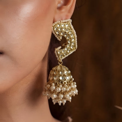 Gold-plated Kundan Jhumka earrings with pearl drops for women, traditional ethnic wedding and festive jewellery.