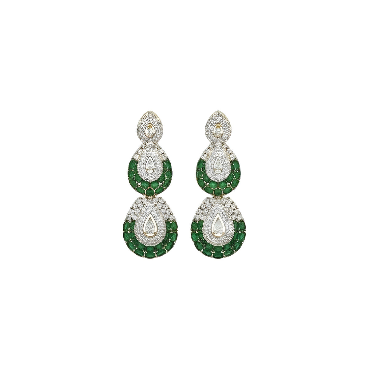 Victorian-style American diamond choker necklace set with emerald-green teardrop motifs and matching drop earrings on a grey display bust