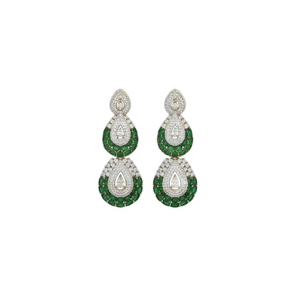 Victorian-style American diamond choker necklace set with emerald-green teardrop motifs and matching drop earrings on a grey display bust