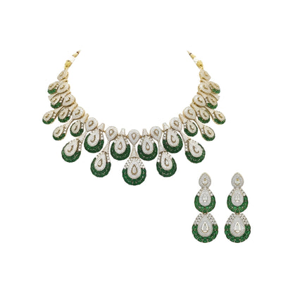 Victorian-style American diamond choker necklace set with emerald-green teardrop motifs and matching drop earrings on a grey display bust