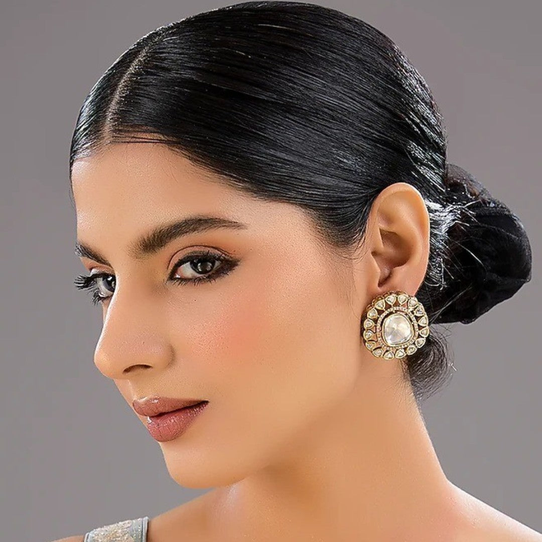White Polki Halo Round Stud Earrings