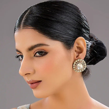 White Polki Halo Round Stud Earrings