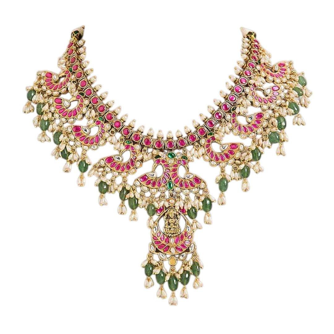 Pink and green temple jewellery necklace set with goddess pendant and matching earrings