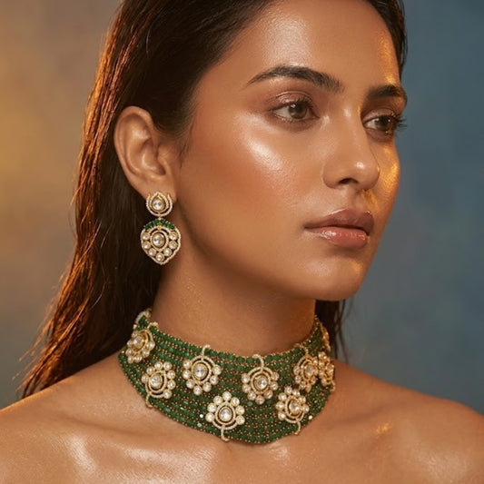Emerald Green Beaded Kundan Choker Necklace Set with Earrings | Traditional Bridal Jewellery