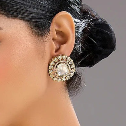 White Polki Halo Round Stud Earrings