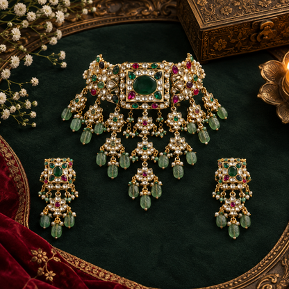Gold-finish multicolour kundan polki jadau choker necklace set with emerald centre stone, seed pearl strands, lotus drops and matching stud earrings