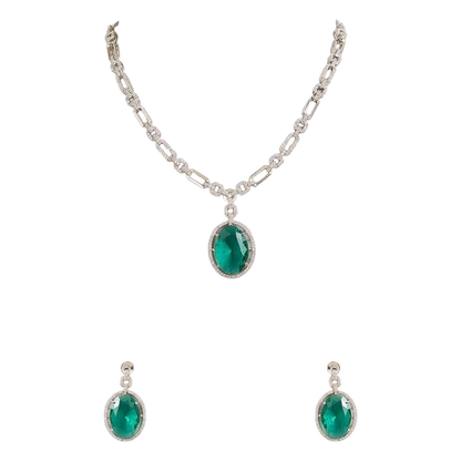Silver plated American Diamond necklace set with emerald green oval pendant and matching drop earrings on white background