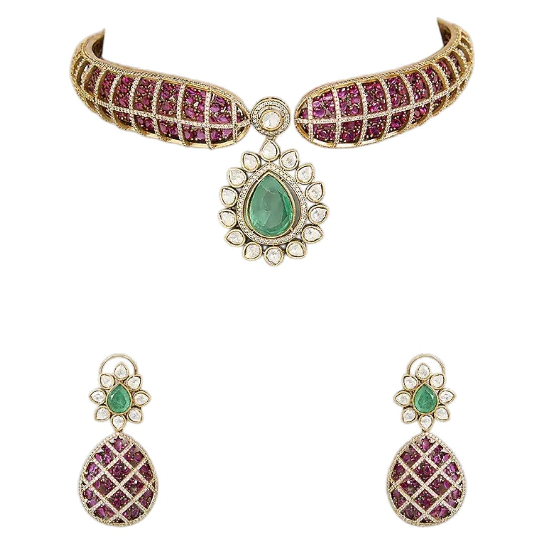 "Antique gold rigid choker necklace with ruby pavé lattice design and emerald pear pendant, matching earrings"
