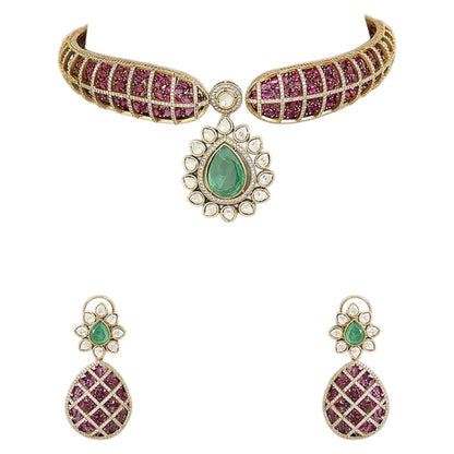 "Antique gold rigid choker necklace with ruby pavé lattice design and emerald pear pendant, matching earrings"