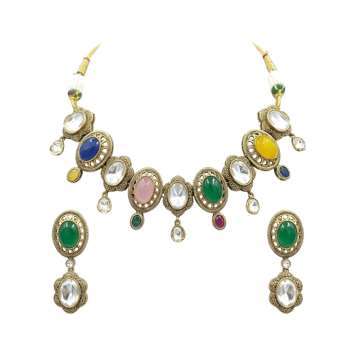 Antique gold plated Victorian multicolour choker necklace set with blue, pink, green and yellow oval stones and matching green drop earring