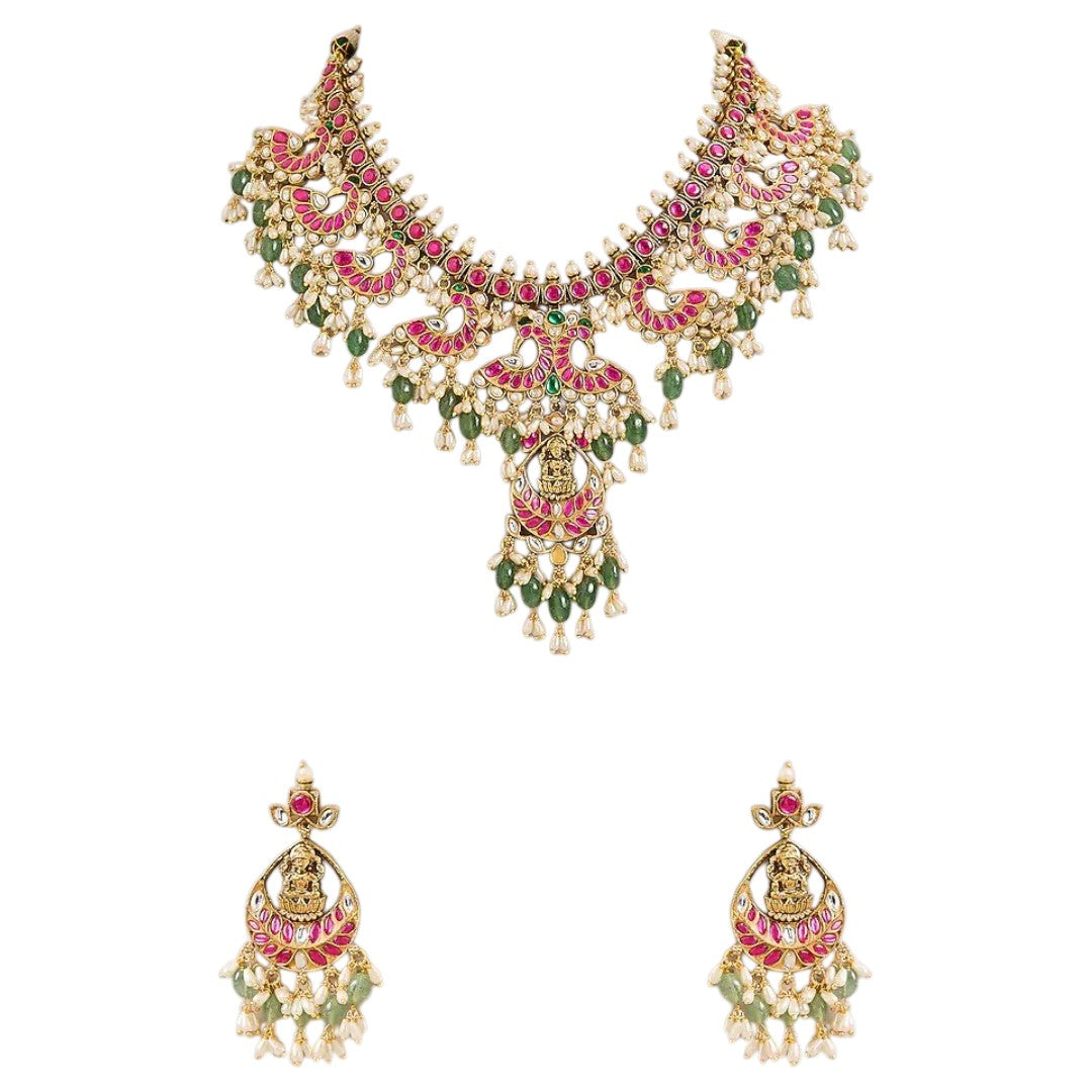 Pink and green temple jewellery necklace set with goddess pendant and matching earrings