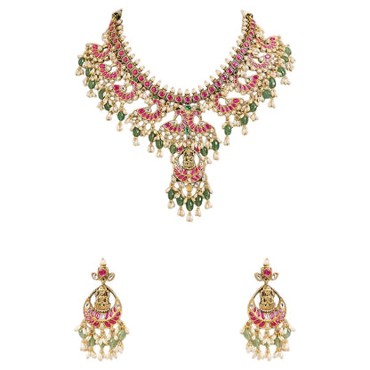 Pink and green temple jewellery necklace set with goddess pendant and matching earrings