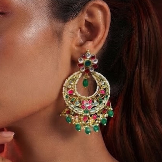 Traditional Kundan Meenakari Earrings with Green Onyx Drops