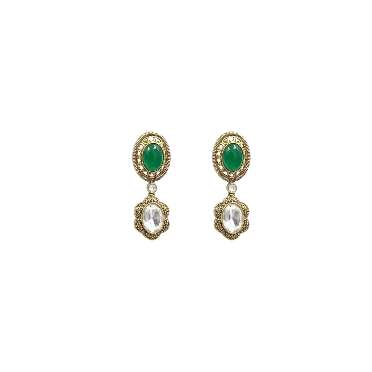 Antique gold plated Victorian multicolour choker necklace set with blue, pink, green and yellow oval stones and matching green drop earring