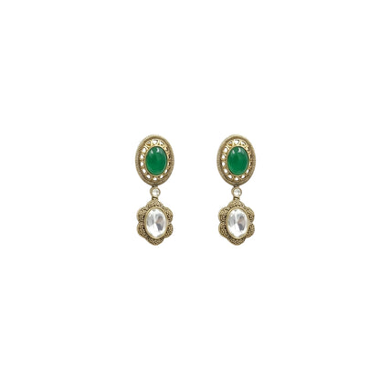 Antique gold plated Victorian multicolour choker necklace set with blue, pink, green and yellow oval stones and matching green drop earring