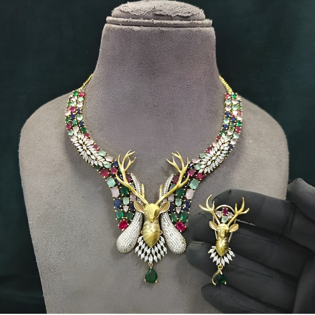 Antique Gold Stag Head Statement Necklace Set
