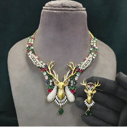 Antique Gold Stag Head Statement Necklace Set