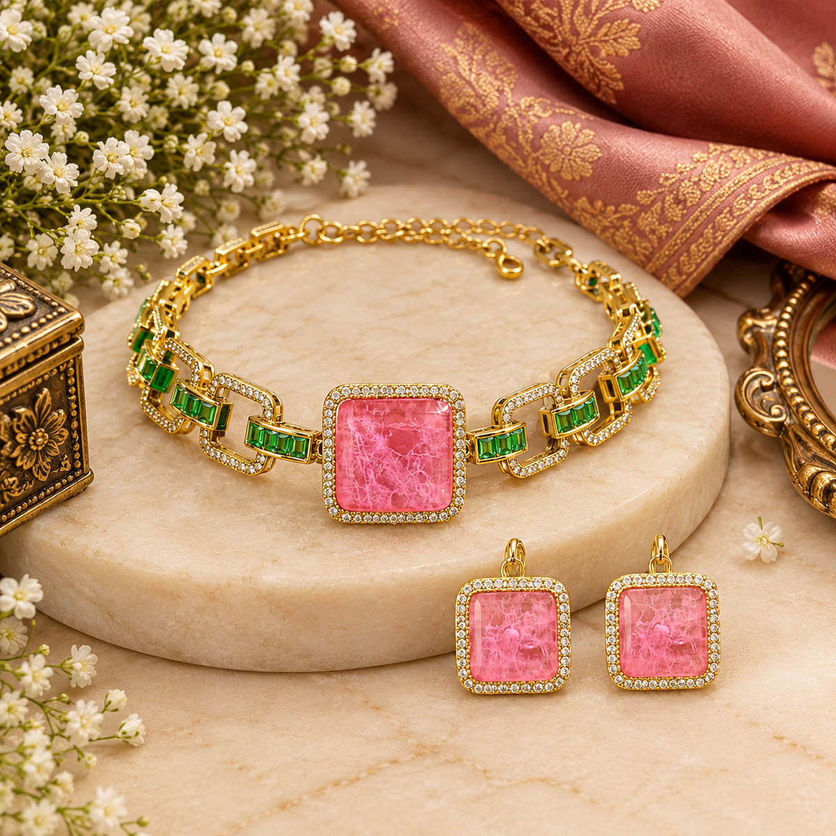 Gold plated choker necklace set with large square pink stone, green baguette stone links and matching pink stud earrings