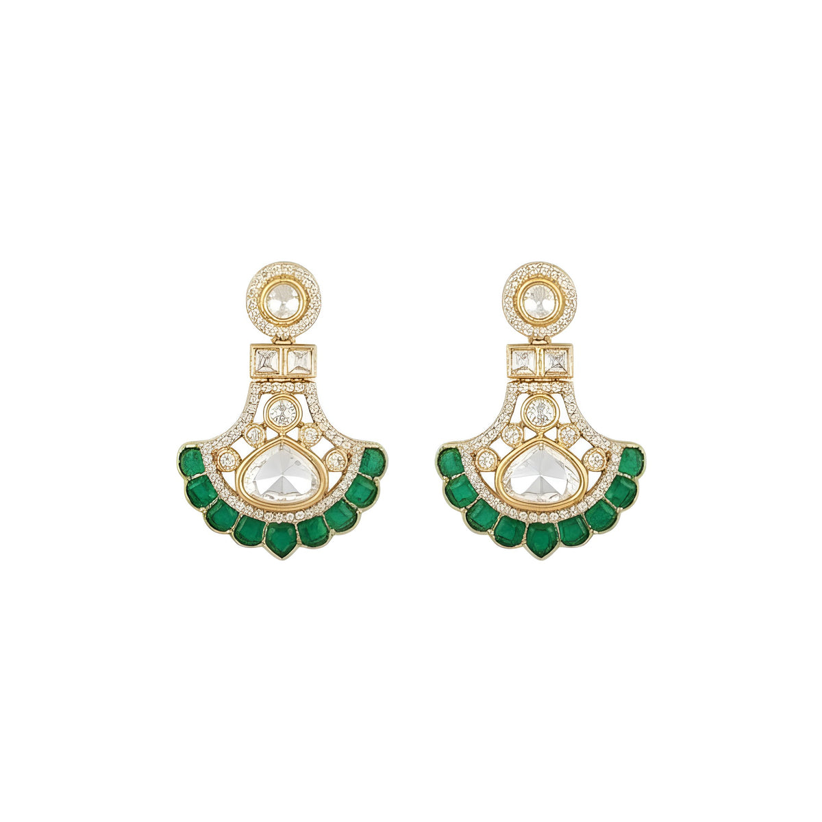 Gold kundan polki choker necklace set with emerald green fan drops and matching earrings by Auraa Trends