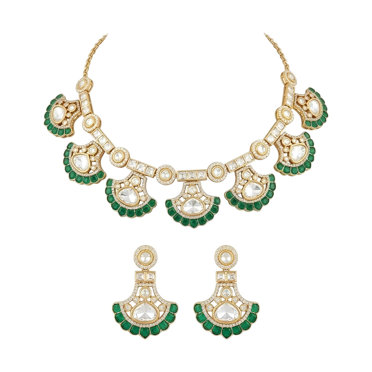Gold kundan polki choker necklace set with emerald green fan drops and matching earrings by Auraa Trends