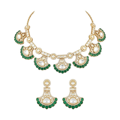 Gold kundan polki choker necklace set with emerald green fan drops and matching earrings by Auraa Trends