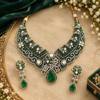 Gold plated emerald green Victorian bridal choker necklace set with American diamond scrollwork, green pear drop pendant and matching earrings
