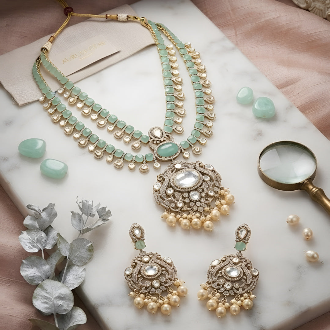 "Antique gold triple-strand turquoise necklace with pearl fringe pendant, matching drop earrings"