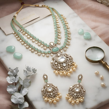 "Antique gold triple-strand turquoise necklace with pearl fringe pendant, matching drop earrings"